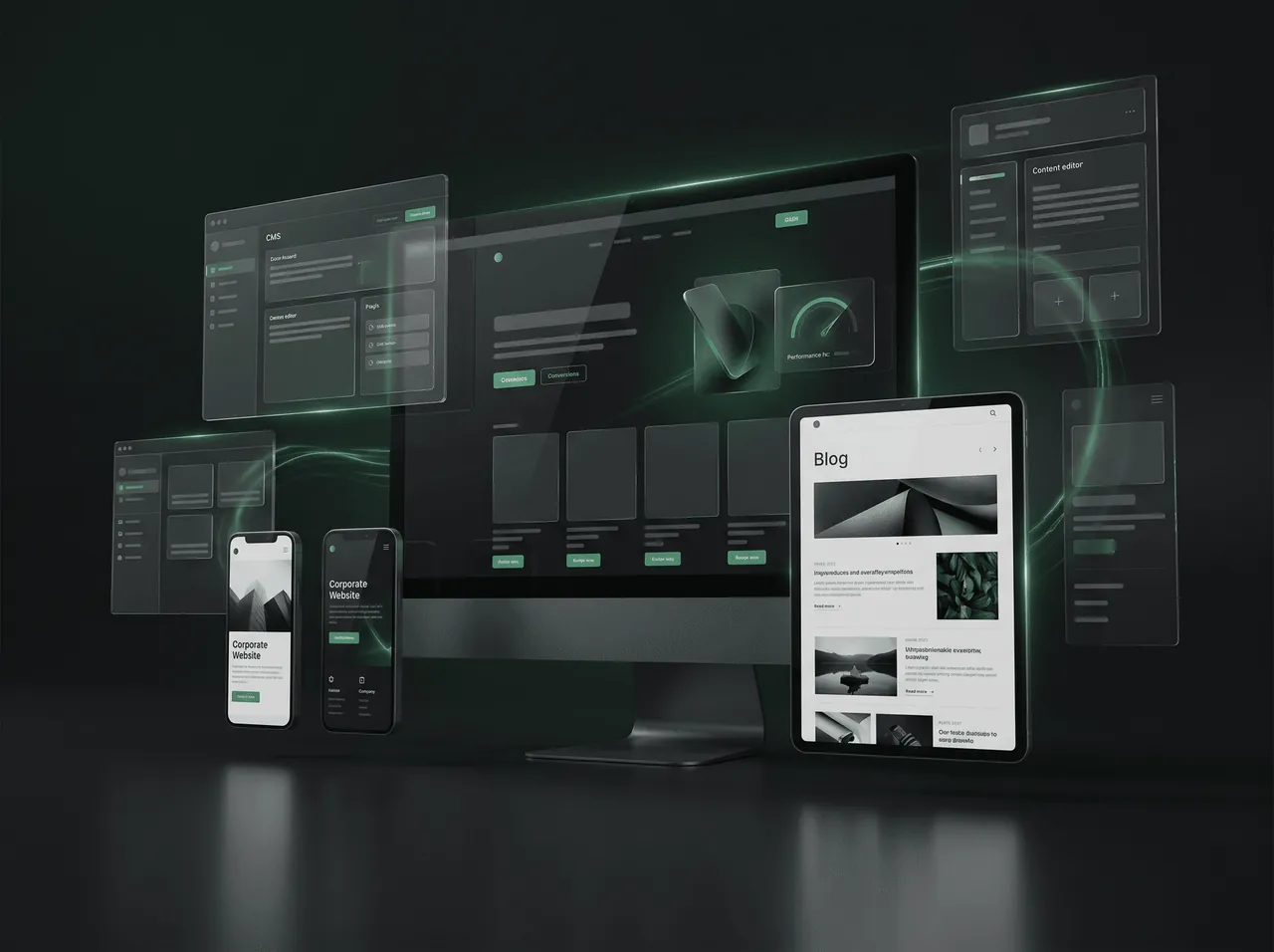 Responsive website designs on desktop, tablet and phone