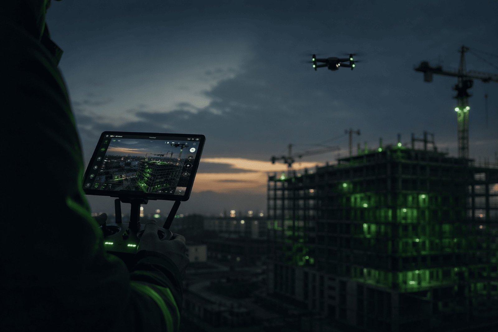 AeroXone Media drone pilot flying over a construction site at dusk