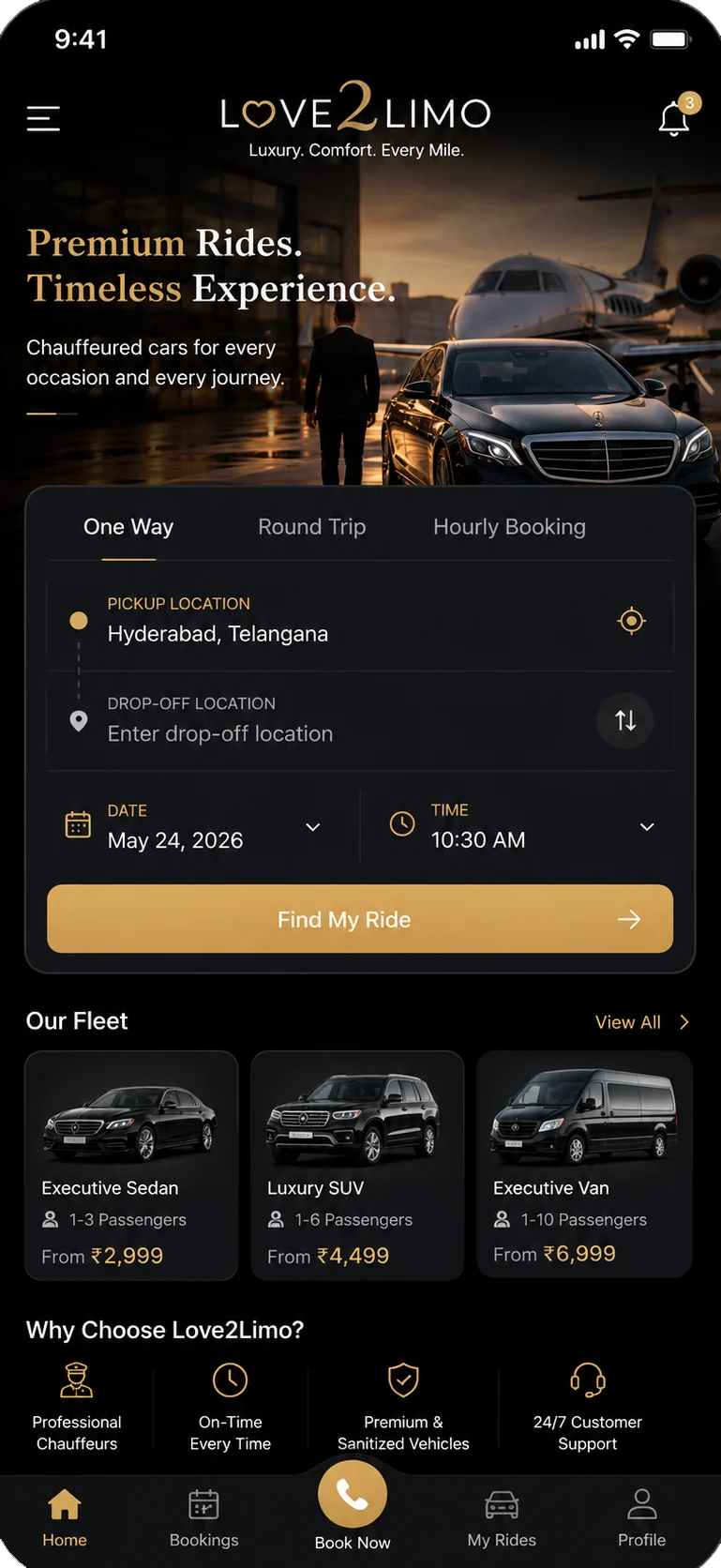 Love2Limo chauffeur booking mobile app home screen built by Oacer Web Services