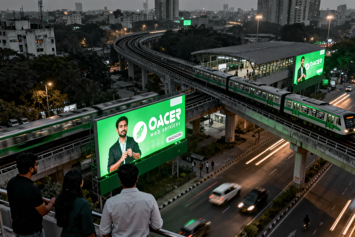 Oacer Web Services hoarding and transit advertising campaign across an Indian metro corridor