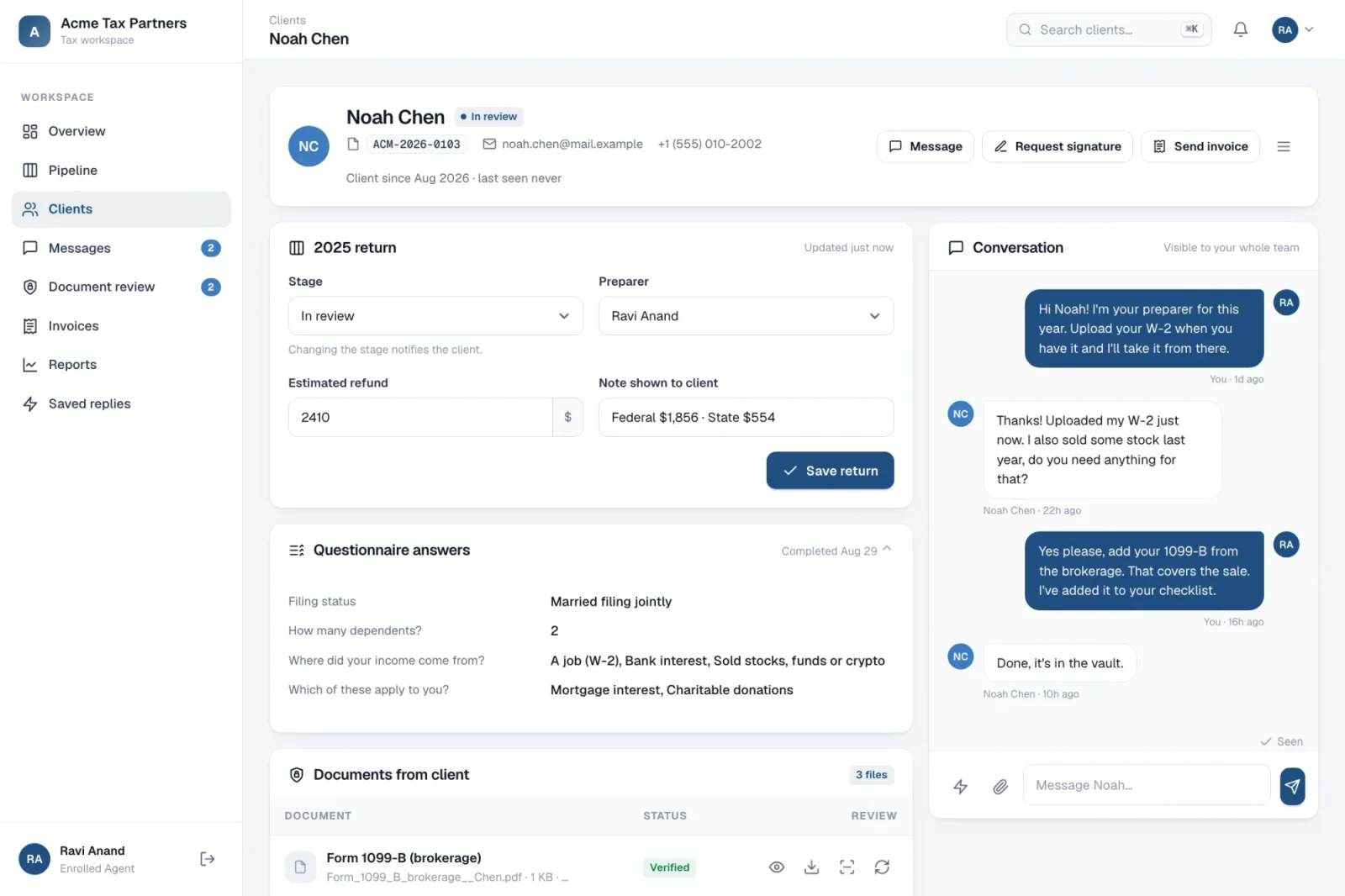 Client workspace in a tax-practice platform built by Oacer Web Services: a return in review, questionnaire answers and the conversation with the preparer